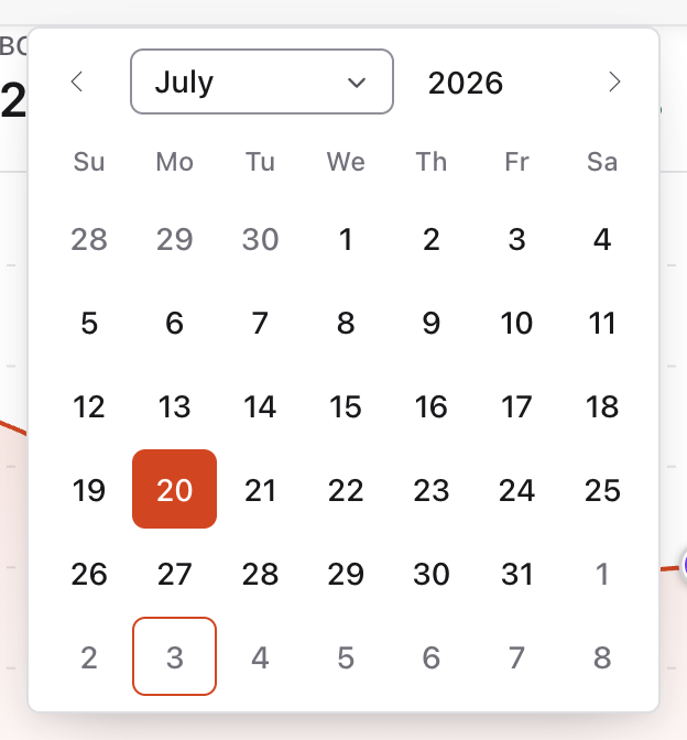 Custom date calendar with 20 July selected as the start