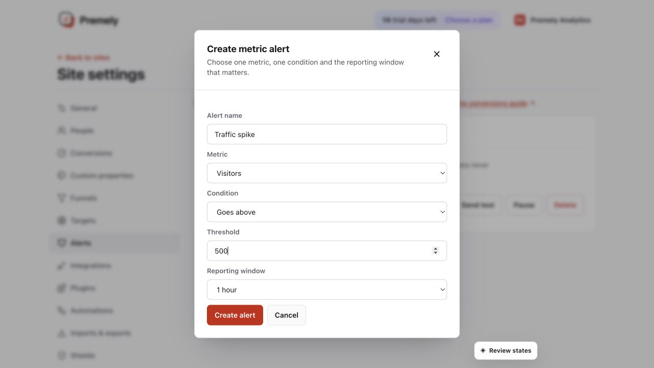 Premely Create alert dialog in Light mode with a metric, condition, threshold and reporting window completed.