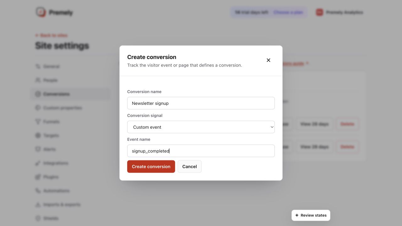 Premely Create conversion dialog in Light mode with a completed conversion name and rule ready to save.