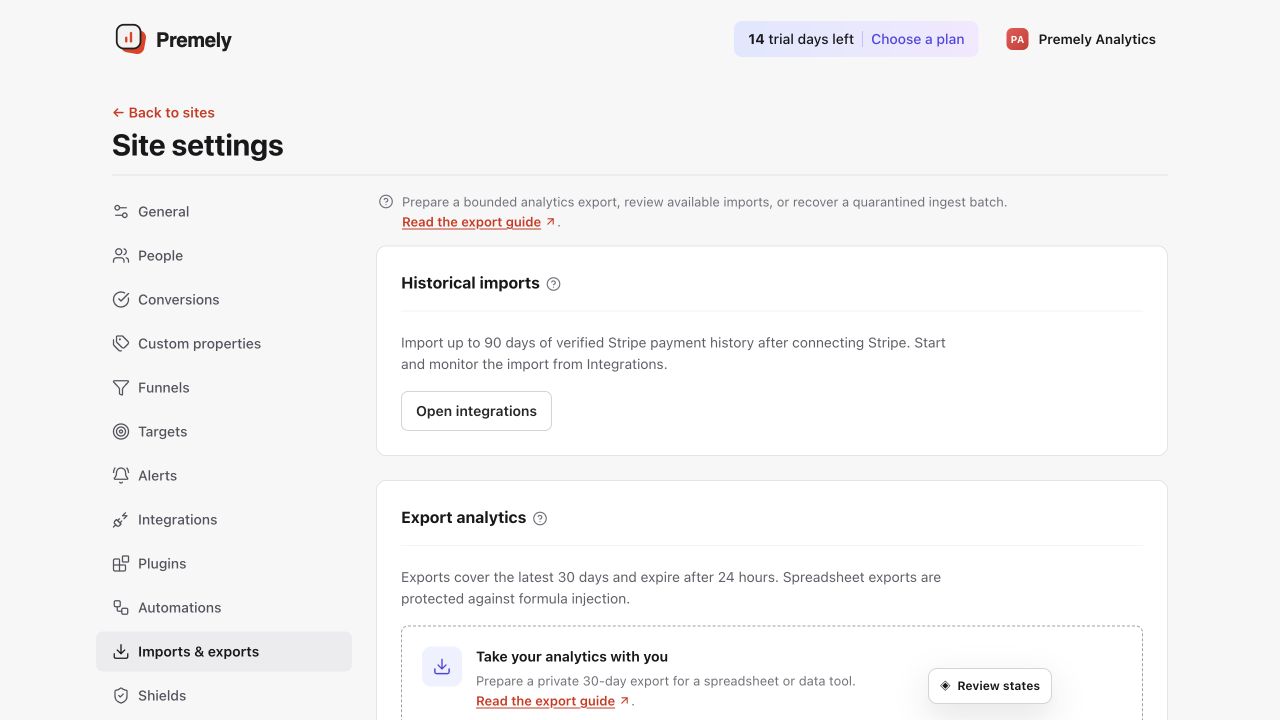 Premely Data exchange settings showing export controls and request status.