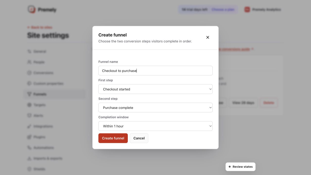 Premely Create funnel dialog in Light mode with two ordered conversions and a completion window selected.