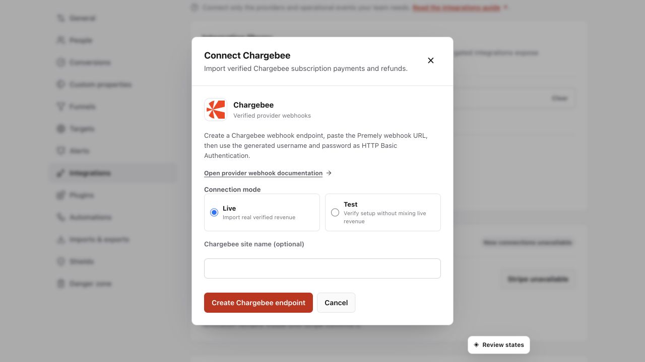 Premely Chargebee revenue setup dialog in Light mode with a large official Chargebee logo and provider-specific fields.