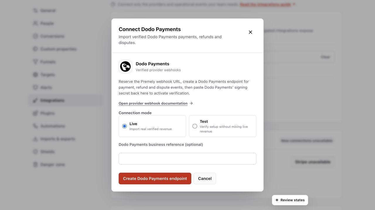 Premely Dodo Payments revenue setup dialog in Light mode with the real Dodo Payments logo and provider-specific controls.