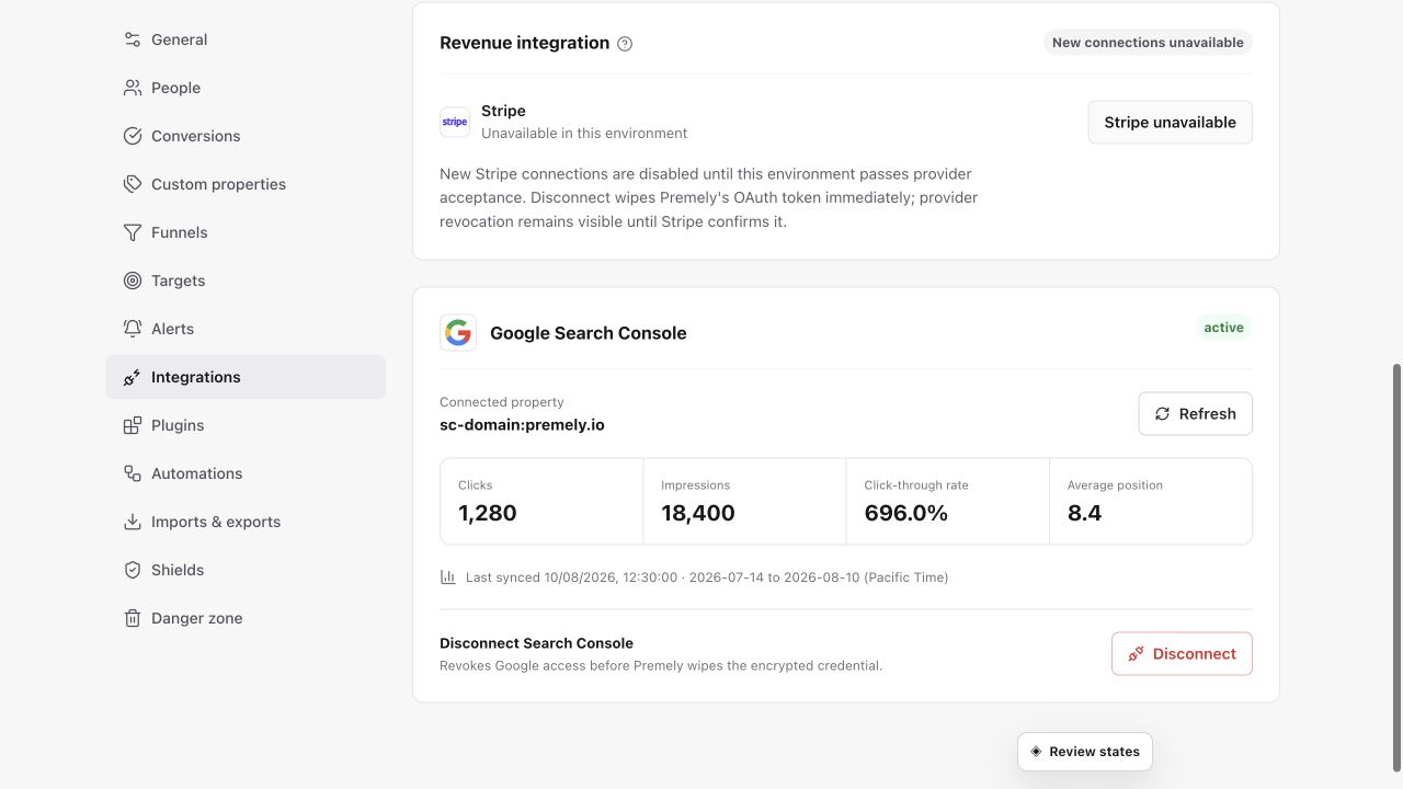 Premely Stripe revenue setup dialog in Light mode with the provider logo, environment selector and Connect Stripe action.