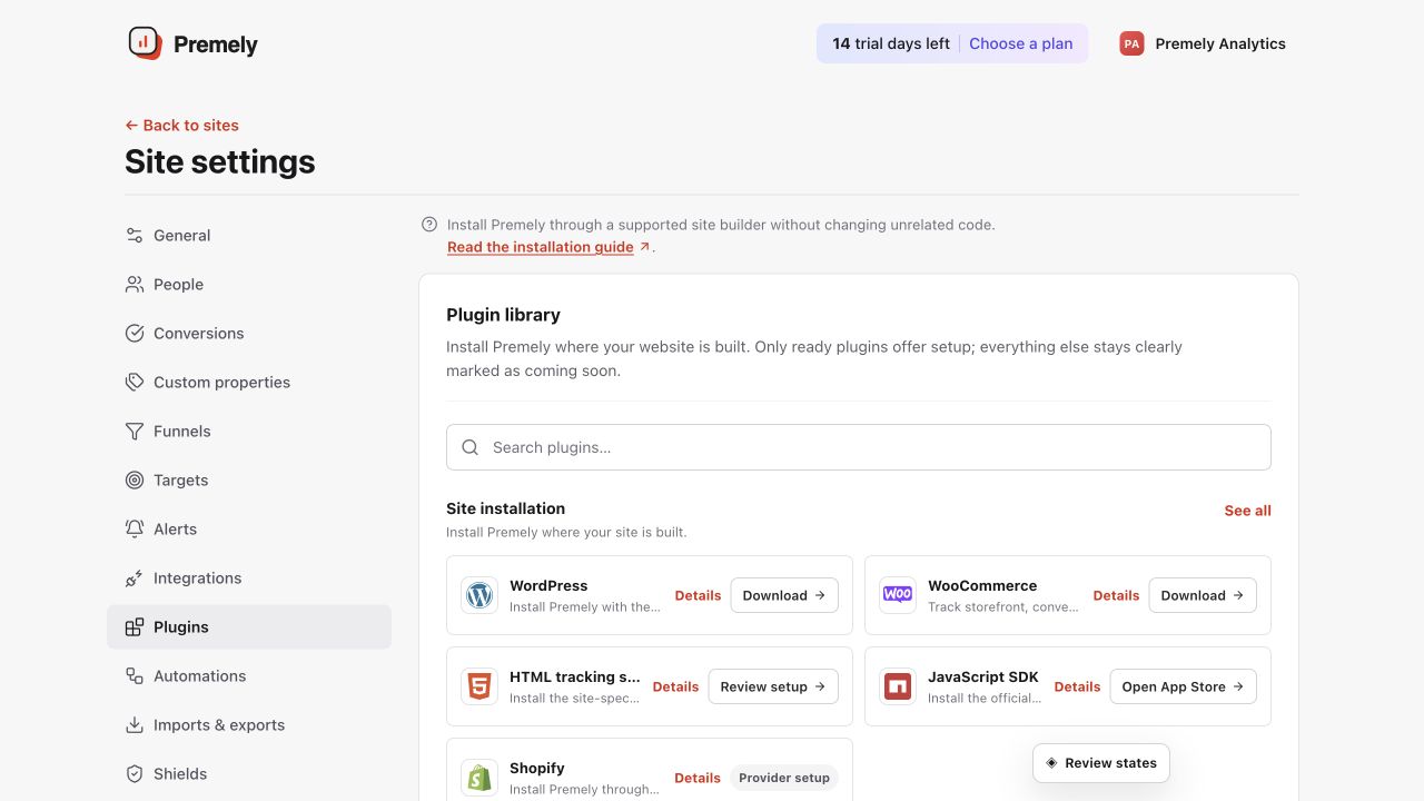 Premely Plugins settings showing the JavaScript SDK installation option.