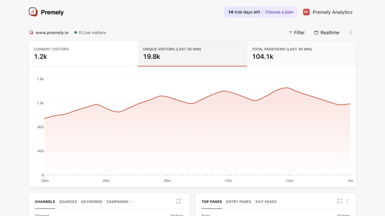 Premely dashboard in Realtime mode showing recent website activity in a rolling window.