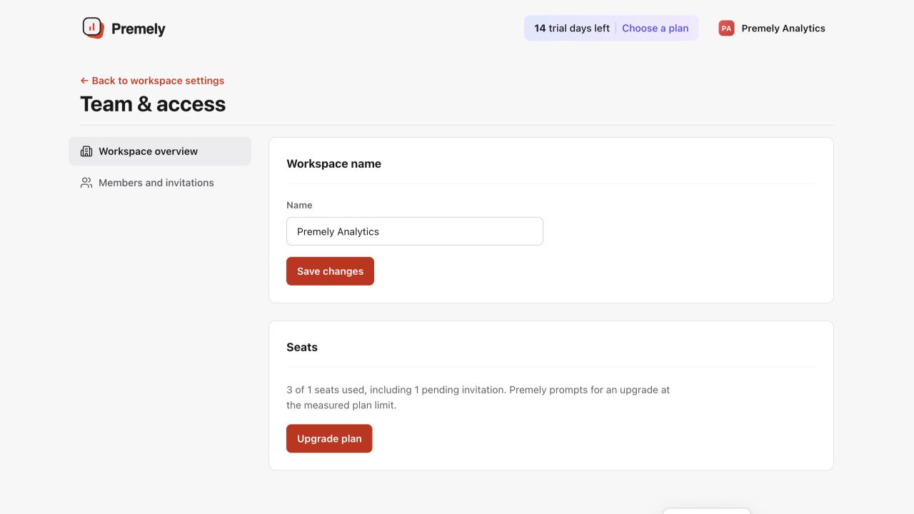 Premely Team settings showing workspace members, roles and the invite action.