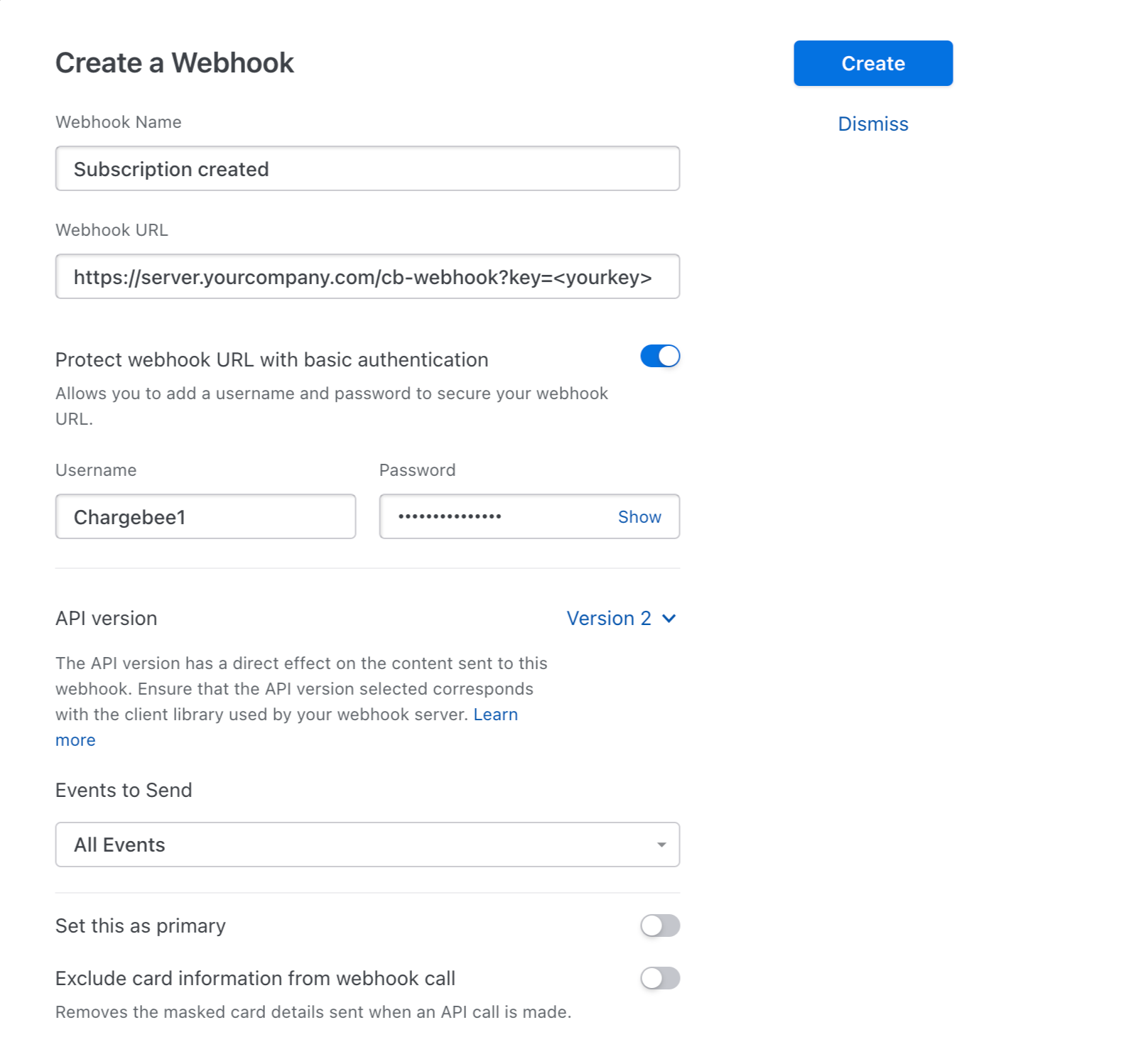 Chargebee's official Create a Webhook screenshot showing URL, Basic Authentication username and password, and Events to Send.