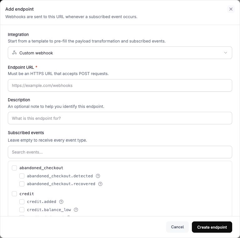 Dodo Payments Add endpoint form in light mode, showing Custom webhook, Endpoint URL and Subscribed events.