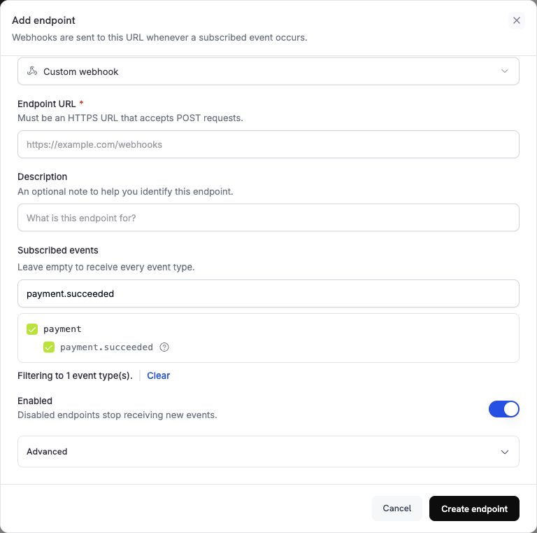 Dodo Payments event search with payment.succeeded selected and the filtering count visible.