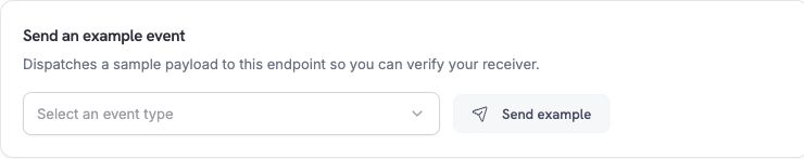 Dodo Payments Testing panel with the event type dropdown and Send example button.