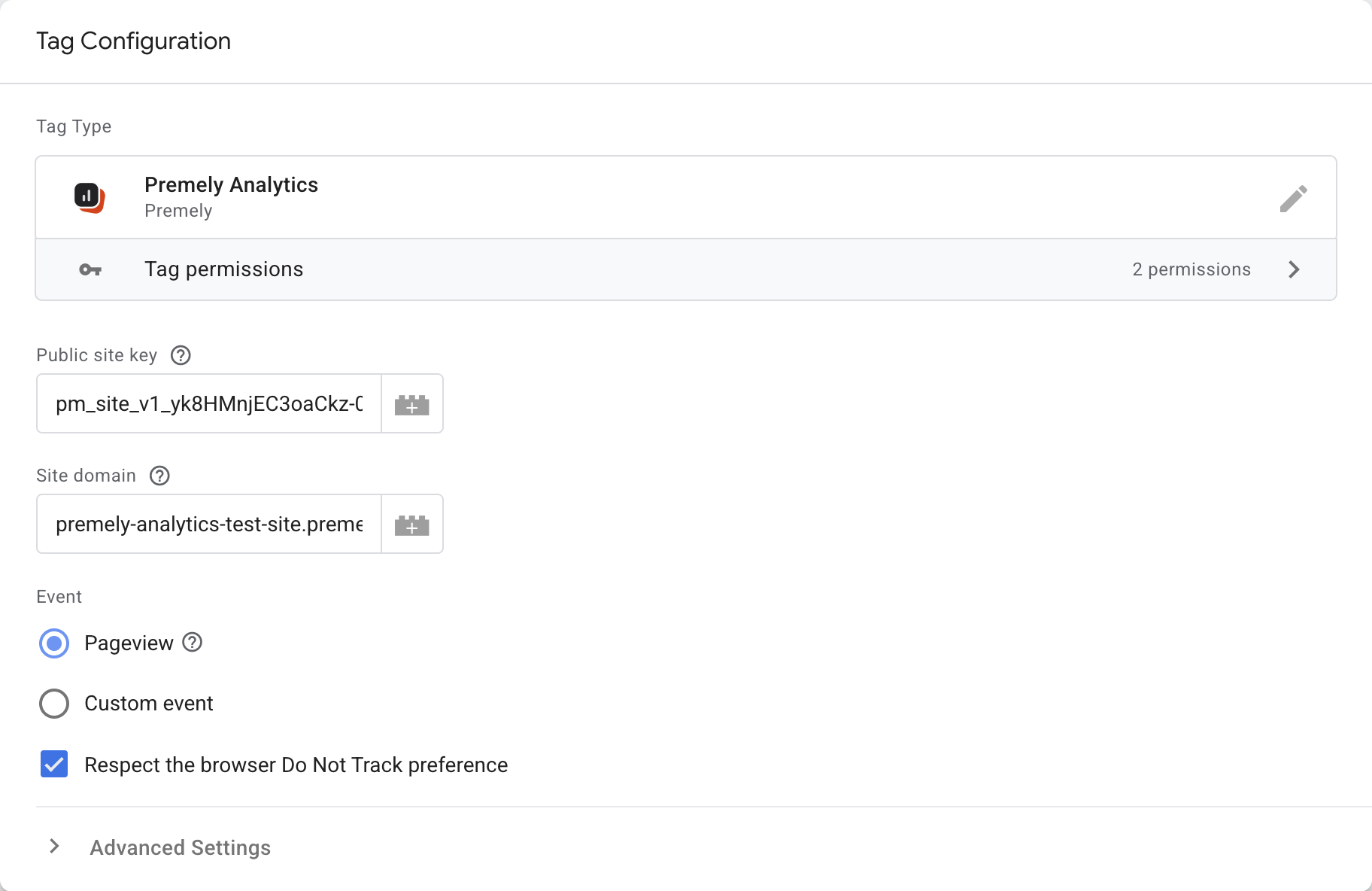 Real Google Tag Manager tag configuration showing the Premely template, public site key and domain fields, Pageview selected and Respect the browser Do Not Track preference checked.