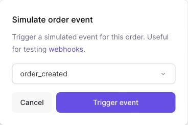 Lemon Squeezy Simulate order event dialog with order_created selected and Cancel and Trigger event buttons.