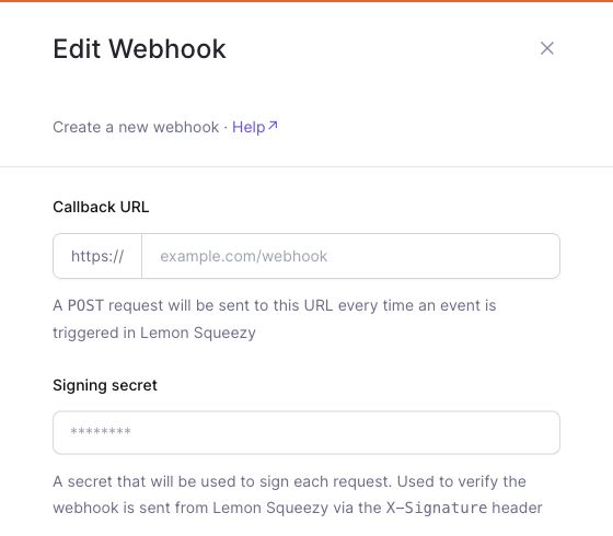 Real Lemon Squeezy webhook form showing Callback URL and Signing secret fields in light mode.