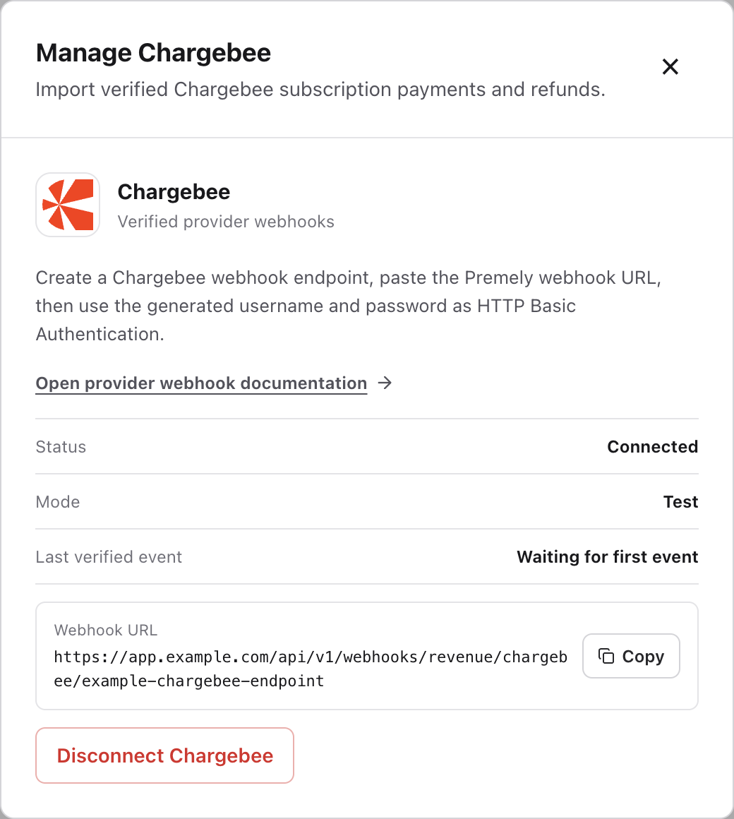 Manage Chargebee showing Connected, Test and Last verified event