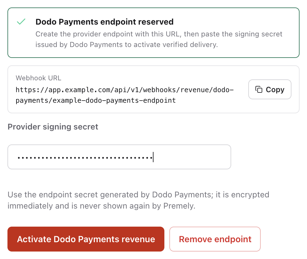 Dodo Payments activation controls with Provider signing secret and Activate Dodo Payments revenue