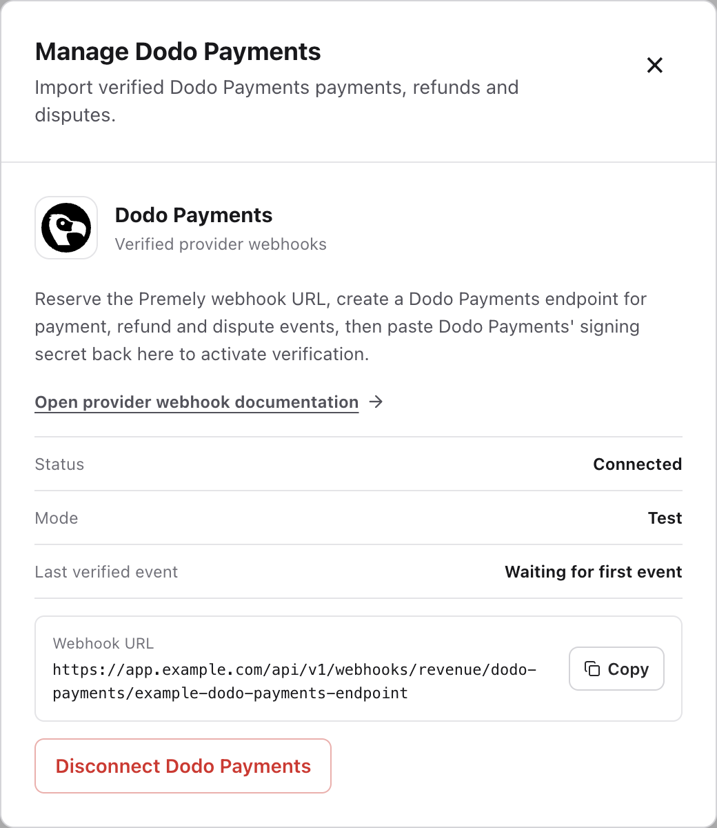 Manage Dodo Payments showing Connected, Test and Last verified event