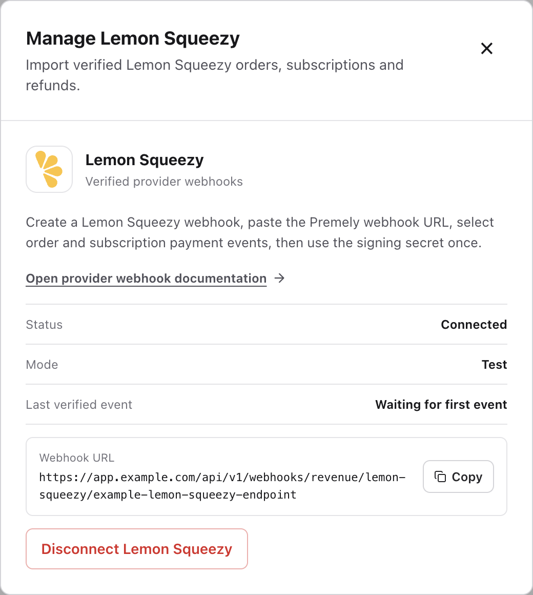 Manage Lemon Squeezy showing Connected, Test and Last verified event