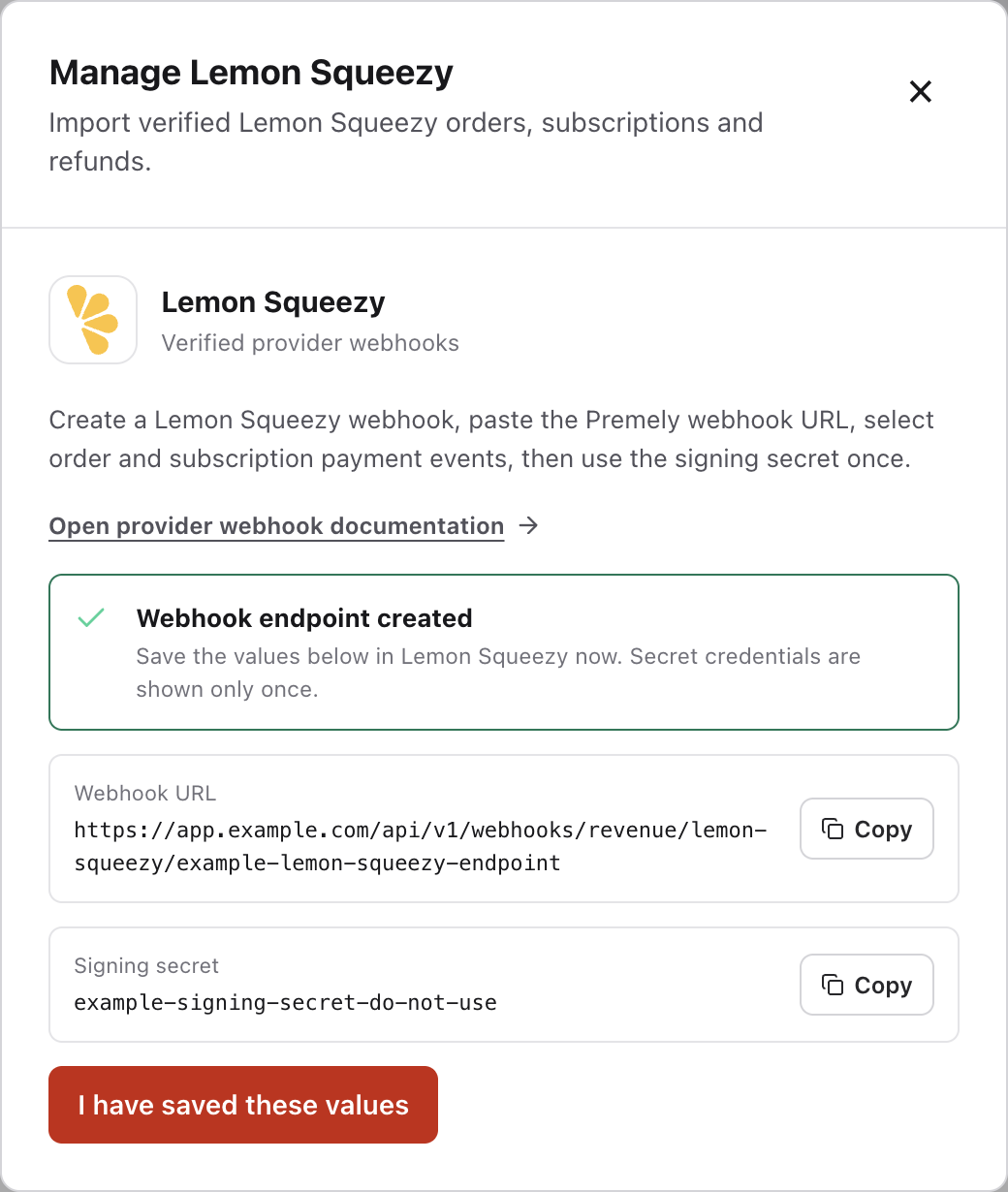 Lemon Squeezy generated Webhook URL and one-time Signing secret in Premely