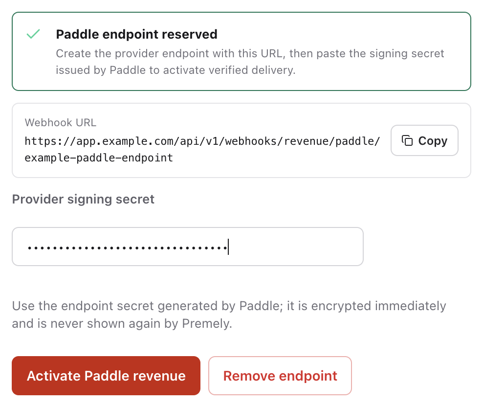 Paddle activation controls with Provider signing secret and Activate Paddle revenue
