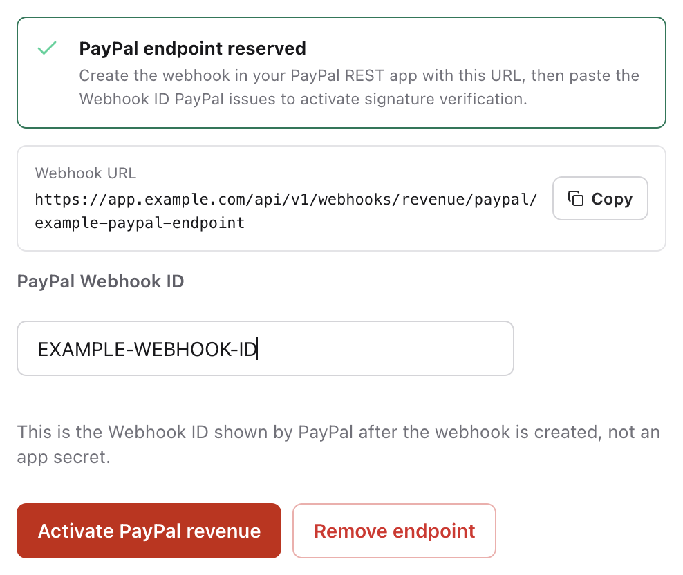 PayPal activation controls with PayPal Webhook ID and Activate PayPal revenue