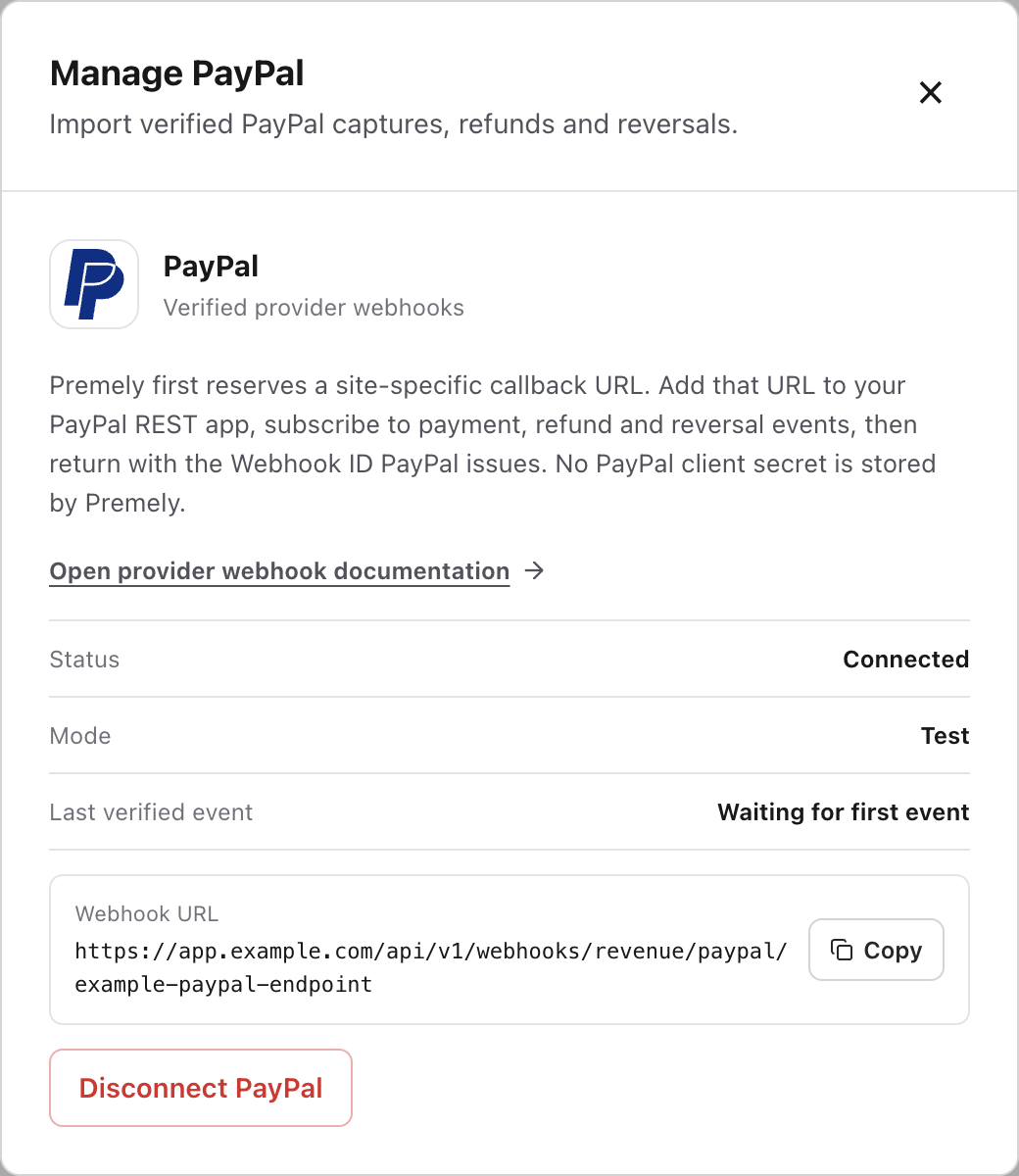 Manage PayPal showing Connected, Test and Last verified event