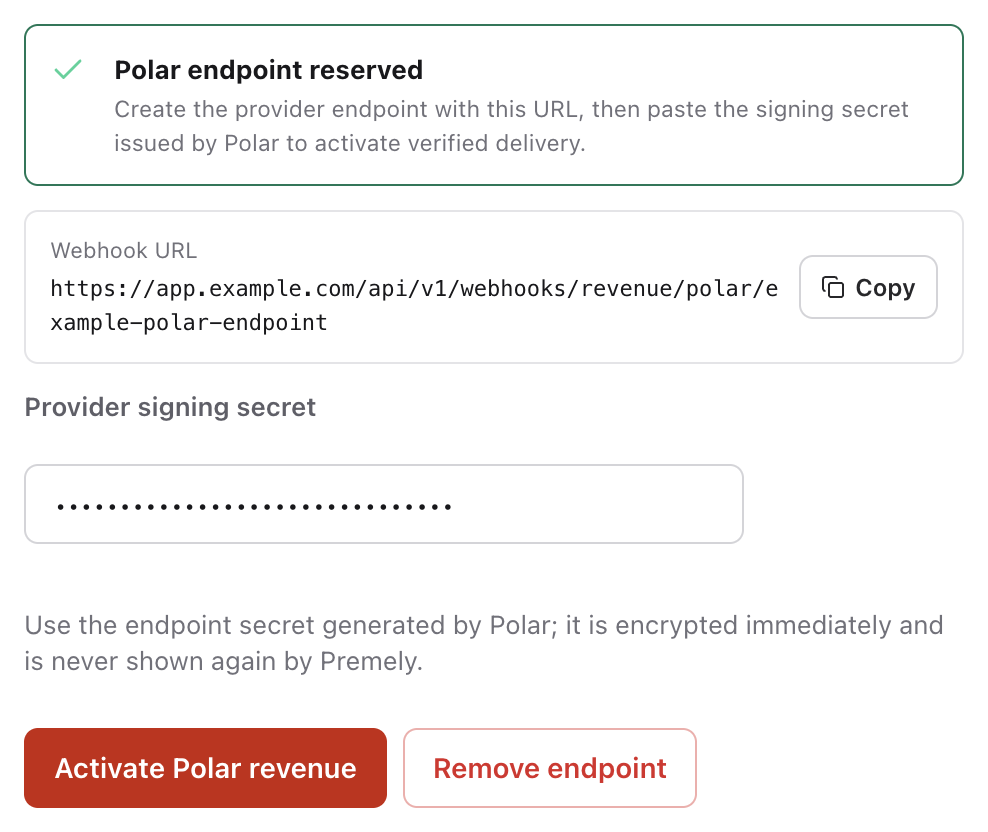 Polar activation controls with Provider signing secret and Activate Polar revenue