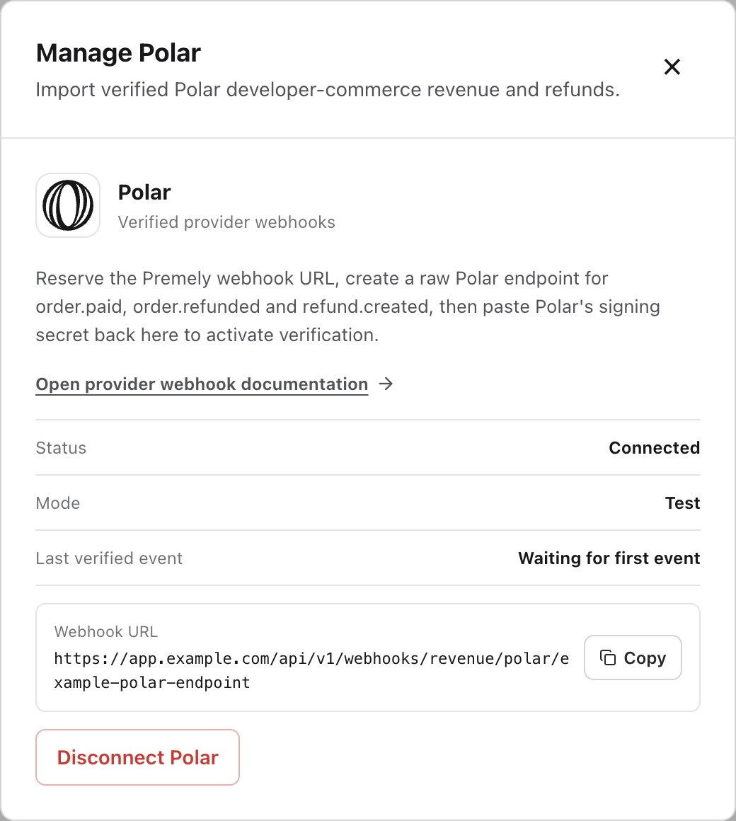 Manage Polar showing Connected, Test and Last verified event